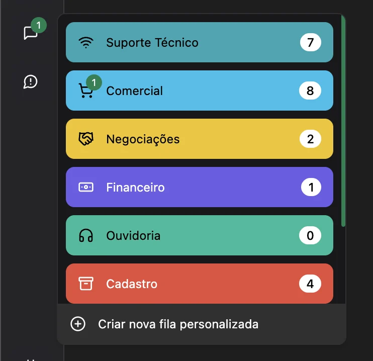 Filas de atendimento de um provedor no AtendAI